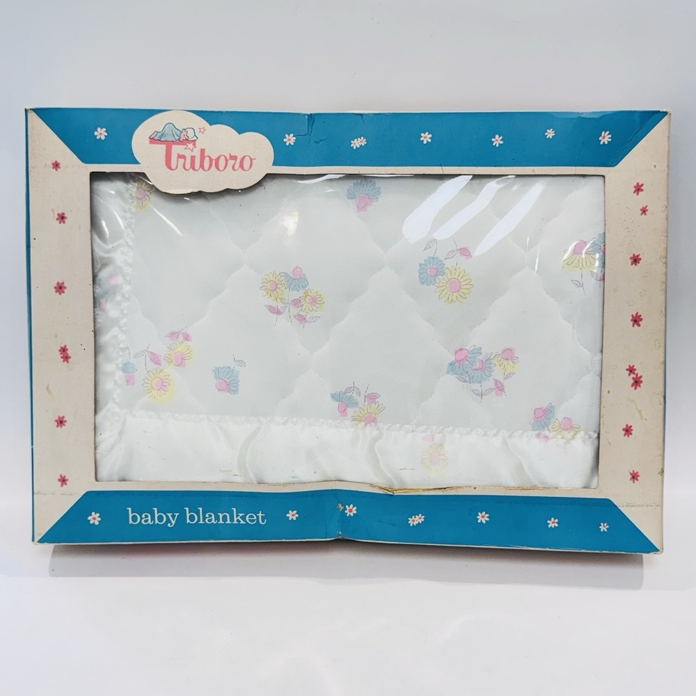 Vintage Triboro Baby Nursery Crib Blanket IOB JCPenny 4'x3' Satin Trim Unisex